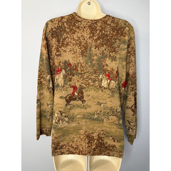 Pendleton Merino Wool Equestrian Hunting Print Tan Sweater Sz L Brown - Picture 5 of 10